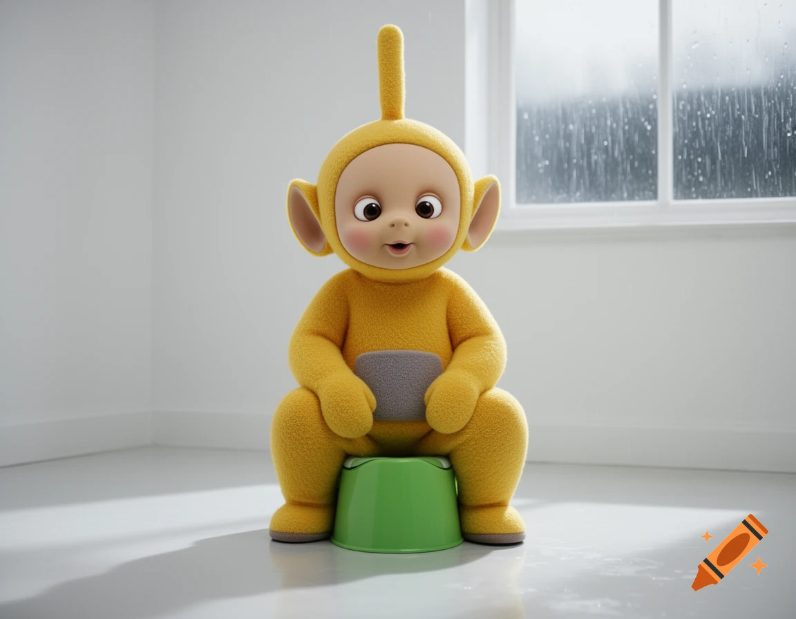 Hyperrealistic yellow Teletubby-like character squats on a green potty in an empty room with a rainy window.