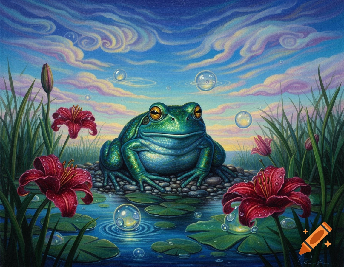 A vibrant surrealist painting of a large green frog on pebbles by a pond with lily pads, red flowers, and bubbles under a colorful, cloudy sky.
