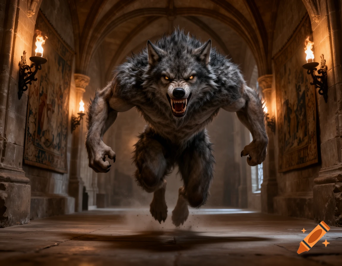 A fierce, snarling werewolf with glowing eyes leaps through a dimly lit stone castle hall, kicking up dust.