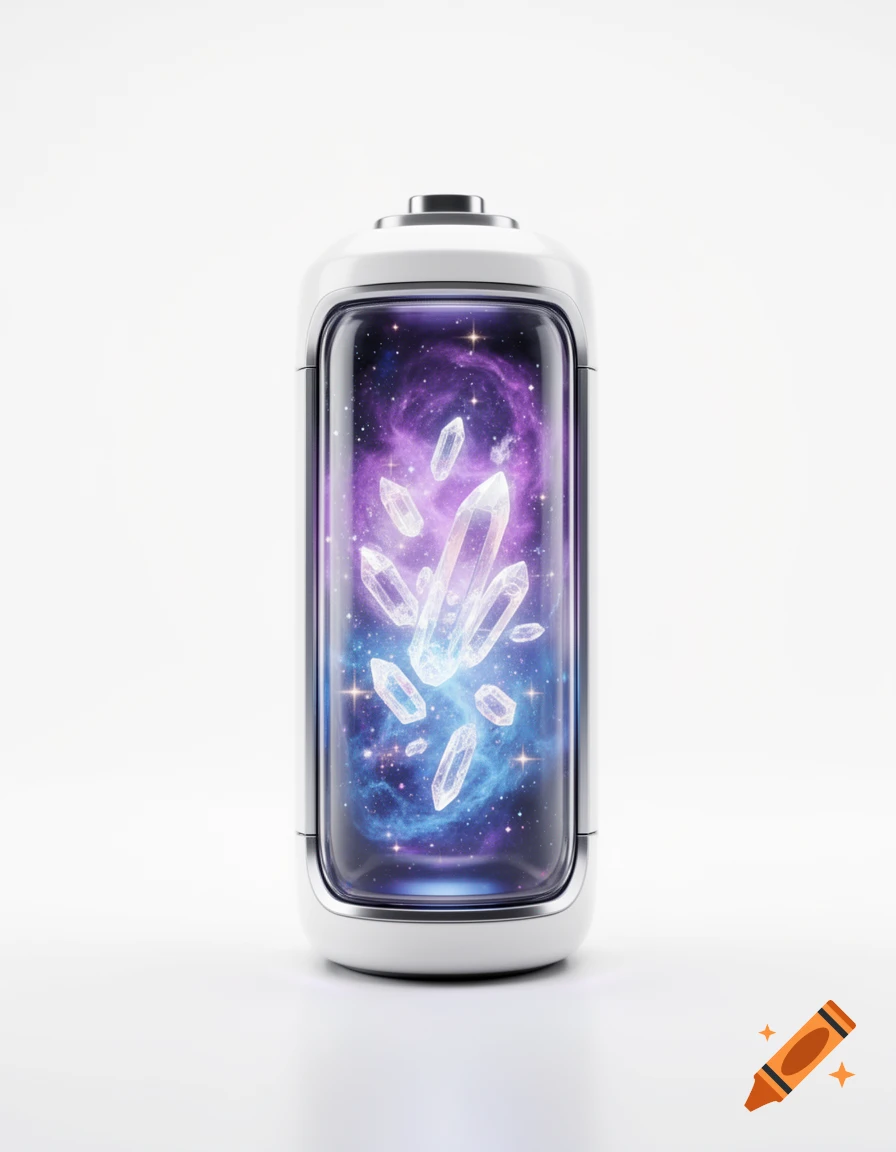 A photorealistic image of a futuristic white and silver battery, with a transparent section revealing a glowing cosmic core of violet and blue nebulous gas, sparkling stars, and floating crystal shards.