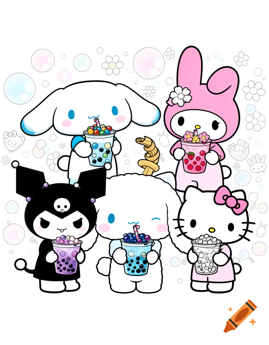 Cartoon coloring page featuring Kuromi, My Melody, Hello Kitty, and two Cinnamorolls drinking boba tea.