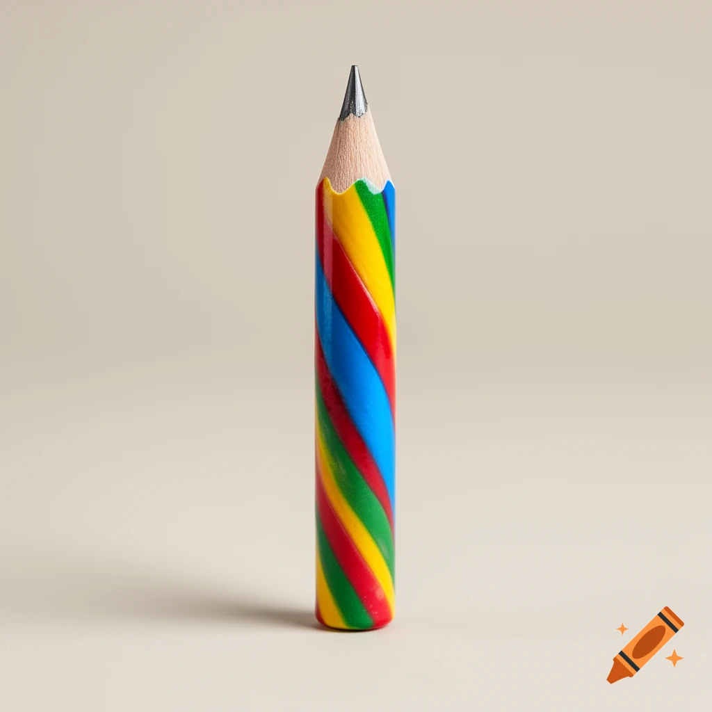A short, sharpened pencil with a vibrant spiraled candy-cane pattern of red, yellow, green, and blue stripes, standing upright.