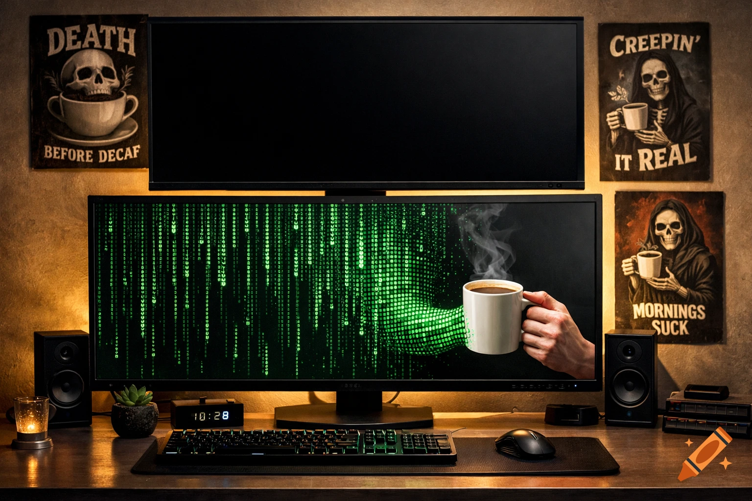 A desk setup with two monitors, the lower one showing Matrix code with a hand holding coffee. Posters with skeletons and coffee slogans hang above.