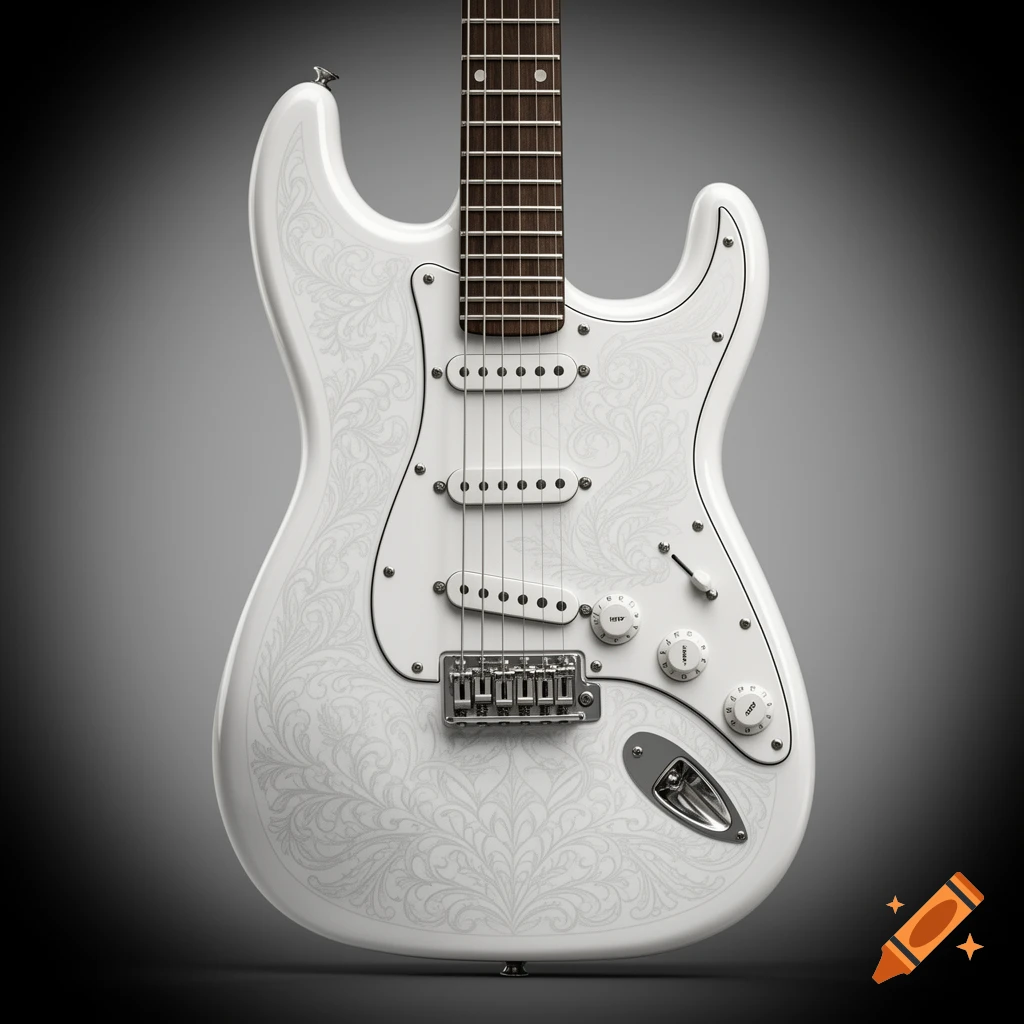 A white Stratocaster electric guitar with a detailed filigree pattern on its body, set against a dark gray background.