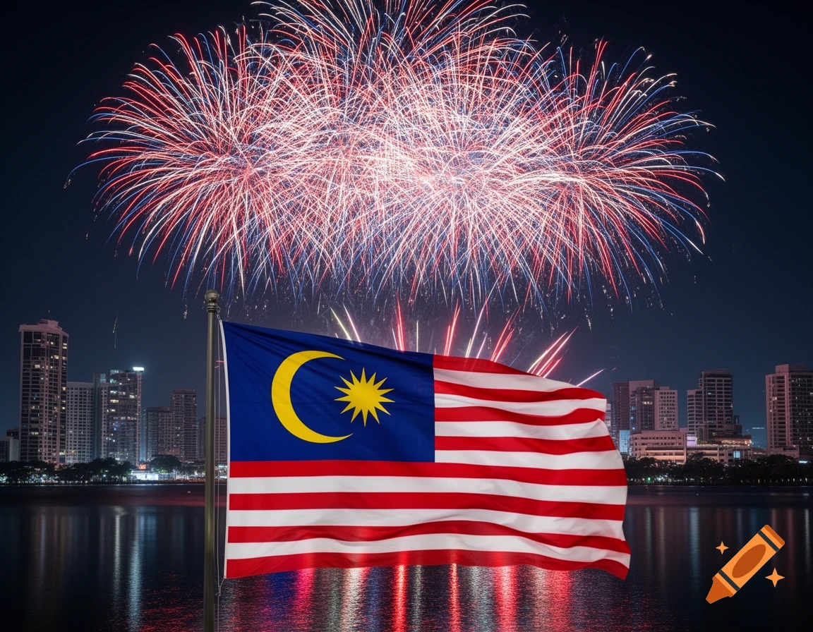 Malaysian flag waves proudly before a city skyline and colorful fireworks exploding at night, with reflections on the water.