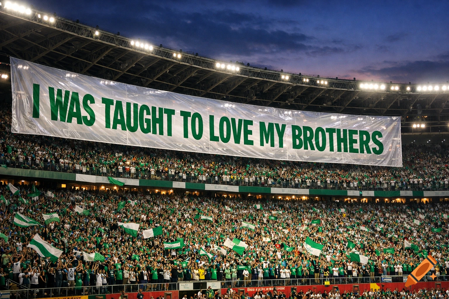 A wide shot of a crowded stadium with fans in green, cheering and waving flags, under a large banner reading 'I WAS TAUGHT TO LOVE MY BROTHERS'.
