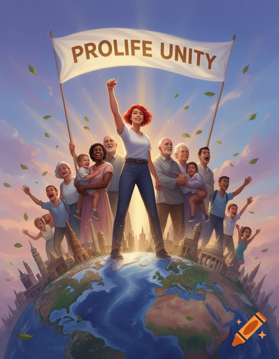 A diverse group of people stand on a globe, holding a 'PROLIFE UNITY' banner, against a bright sky with city silhouettes.