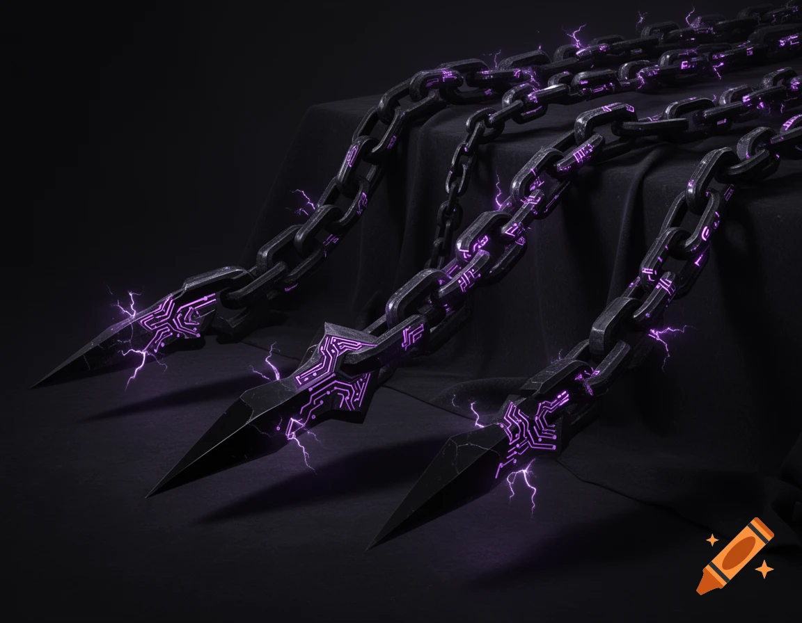 Dark metallic chains with electric purple circuits and spearheads on a draped black surface, emitting a faint purple glow.