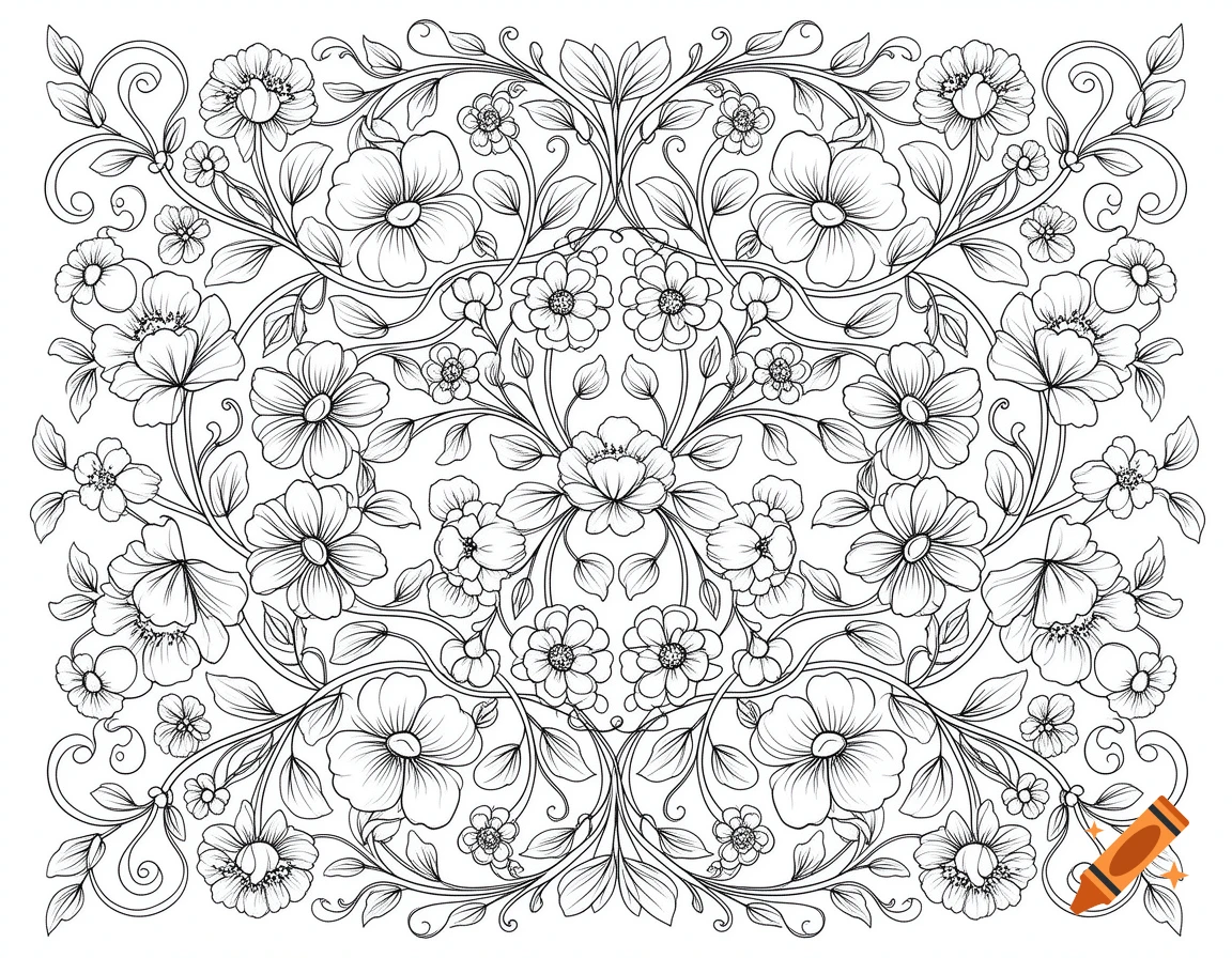 Intricate black and white line art floral pattern with many flowers, leaves, and swirling vines, suitable for a coloring page.