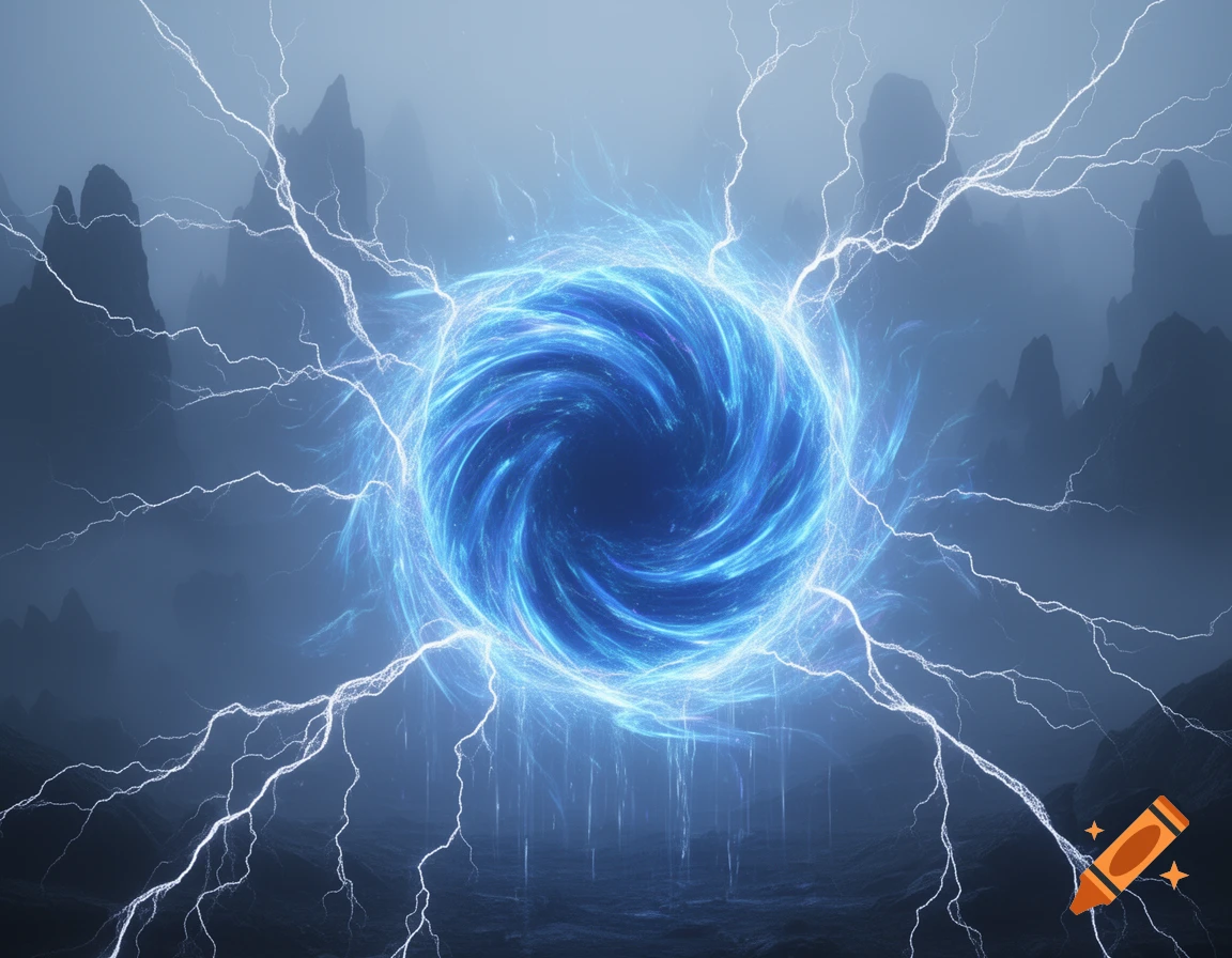 A blue swirling energy portal crackling with white lightning, set against a dark, misty, mountainous background.