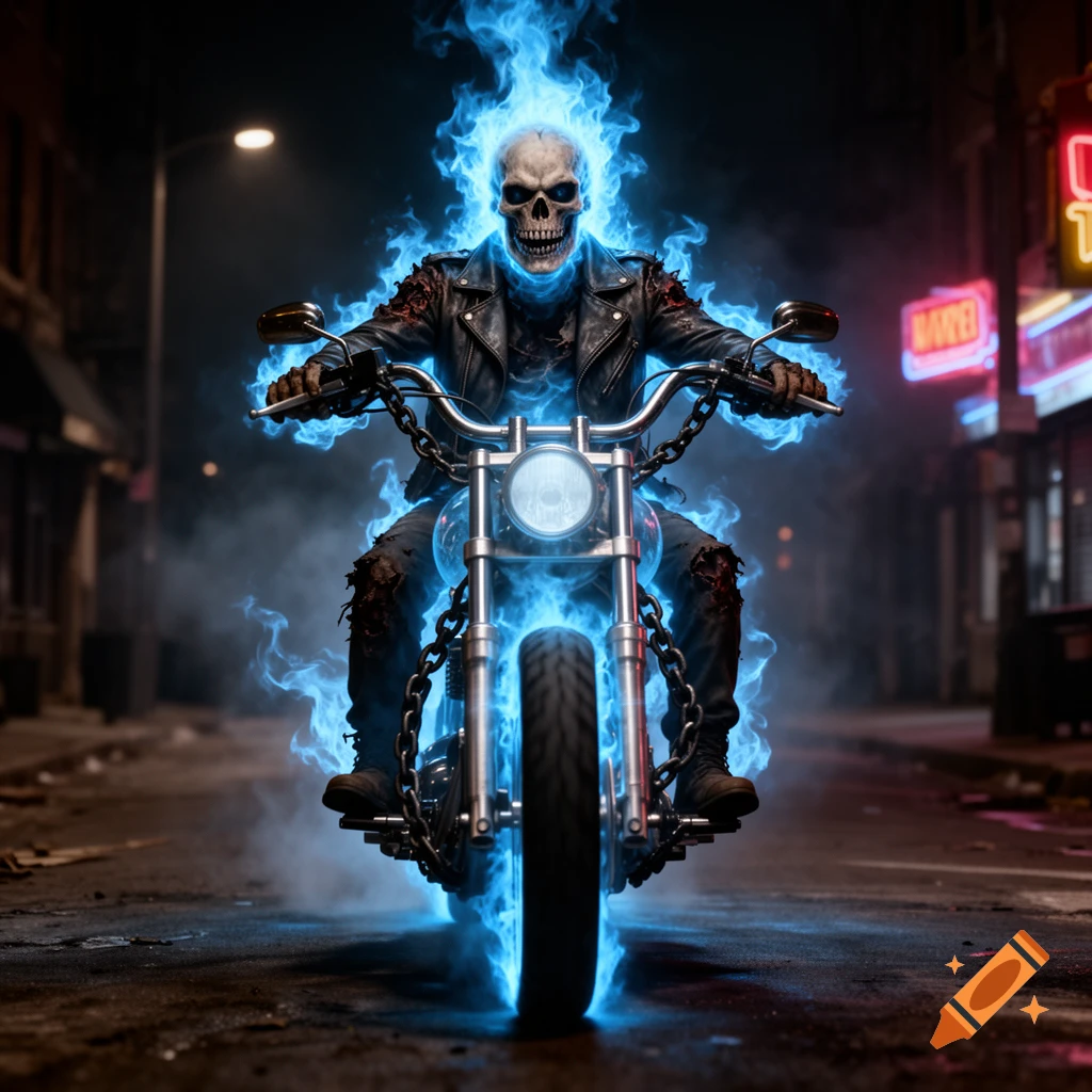 A skeleton in a leather jacket, engulfed in bright blue flames, rides a motorcycle down a dark city street at night.