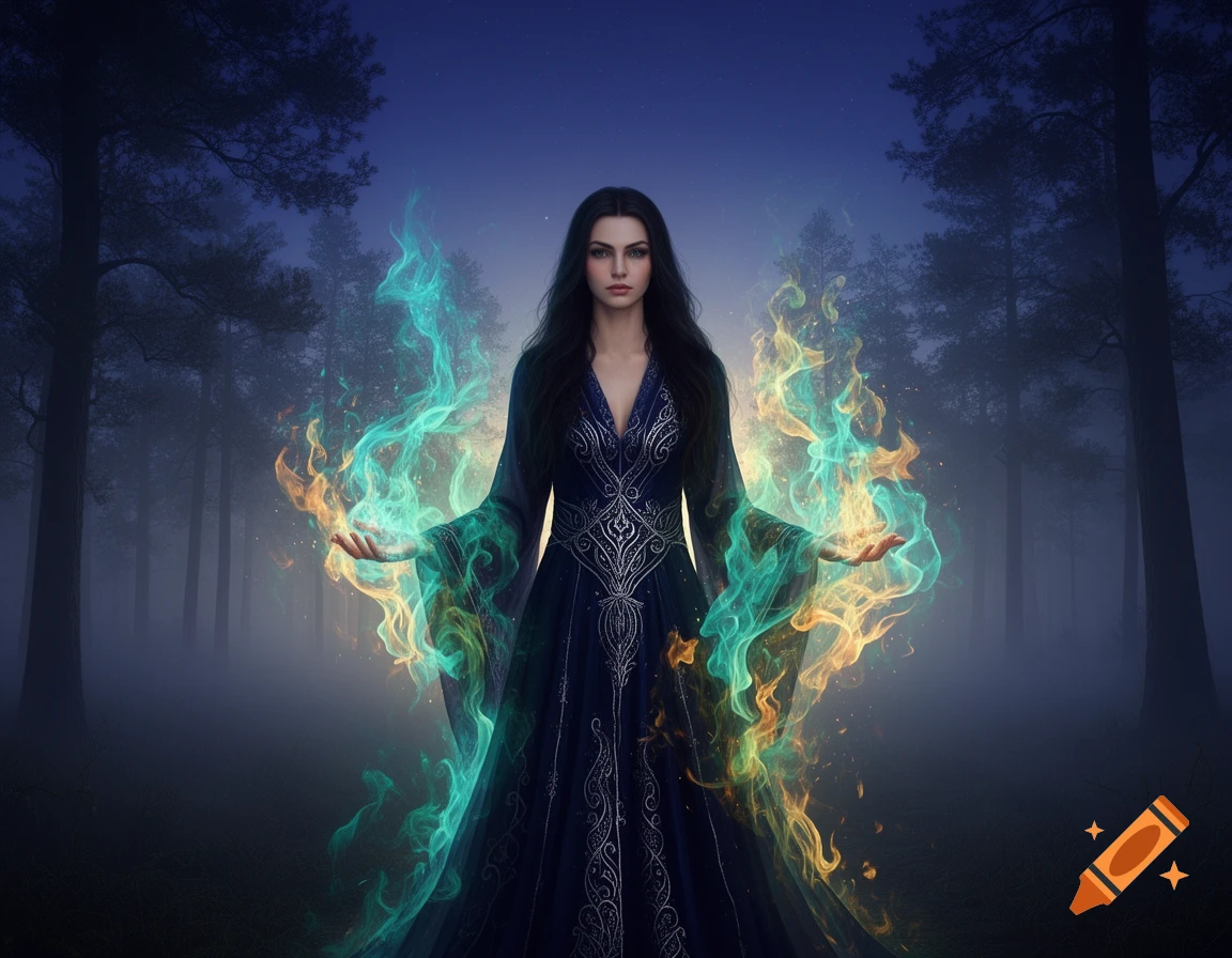 A mystical woman in a dark dress stands in a foggy forest, radiating glowing turquoise and amber energy from her outstretched hands.