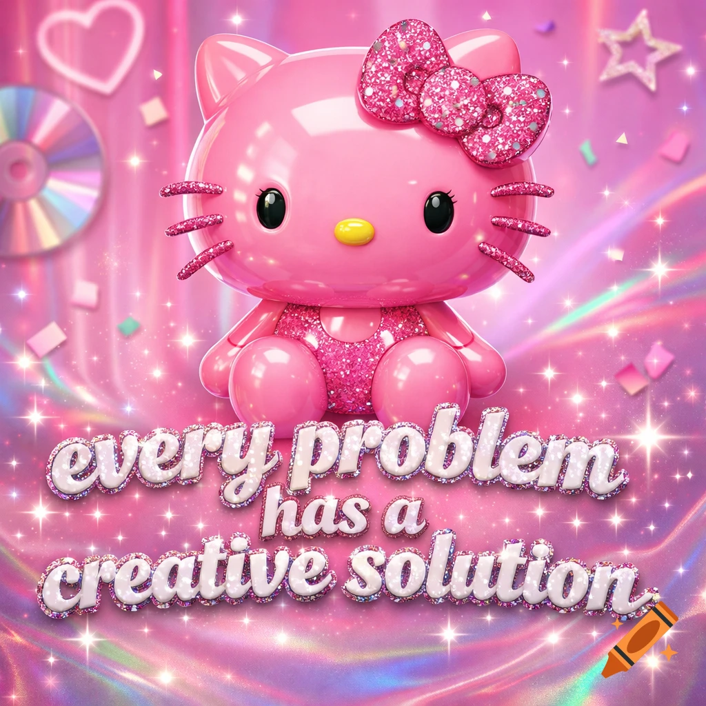 A glittery pink Hello Kitty figure sits on a sparkling holographic background with the quote 'every problem has a creative solution'.