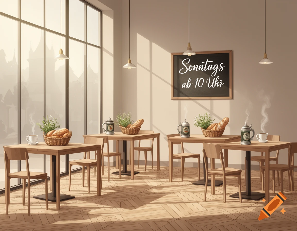 Illustrated cafe interior with wooden tables and chairs, large windows, bread baskets, coffee cups, and a blackboard sign.