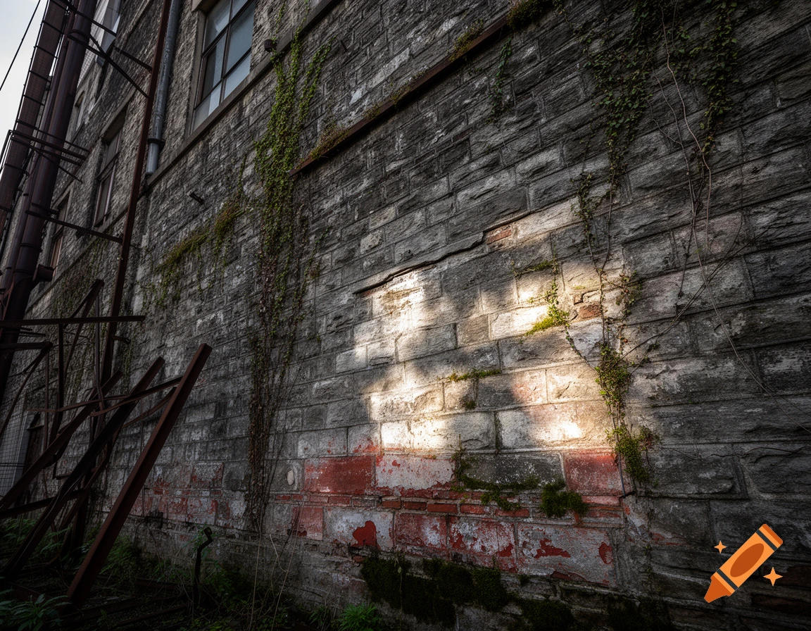 A low-angle shot of a weathered gray stone factory wall, partially covered in green ivy, with rusted metal structures and pipes.