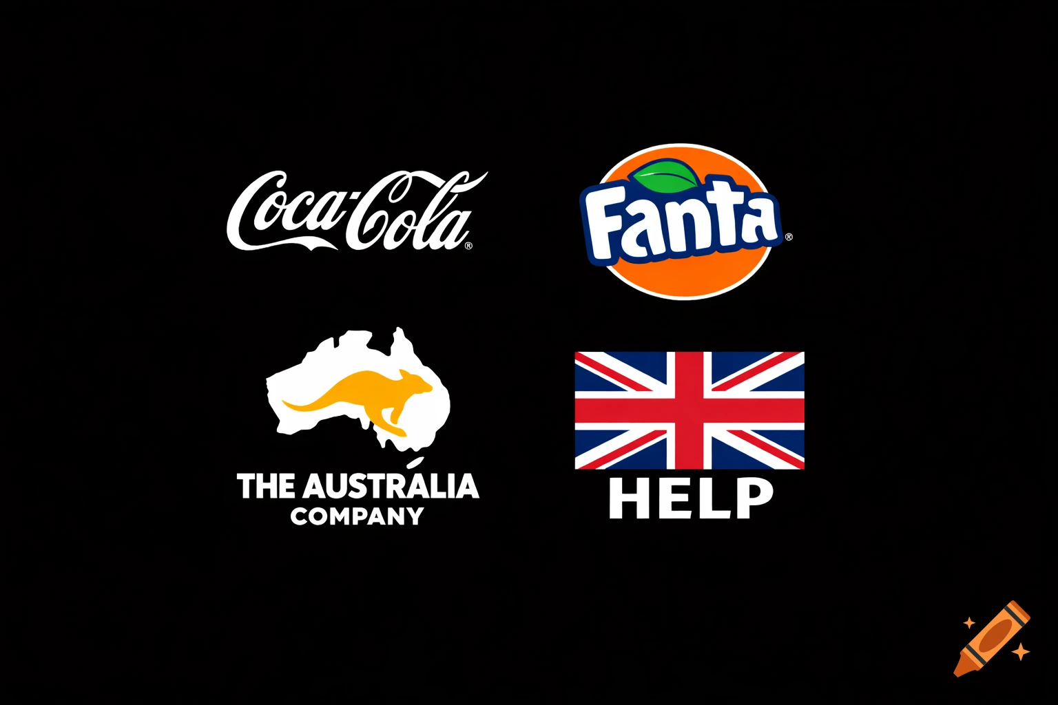 Four logos on black: Coca-Cola, Fanta, a kangaroo on Australia map with 'The Australia Company', and a Union Jack with 'HELP'.