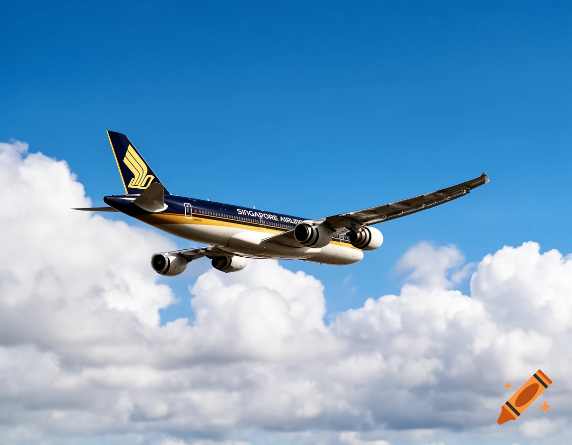 A Singapore Airlines airplane with a dark blue and gold livery flies through a bright blue sky with white clouds below.