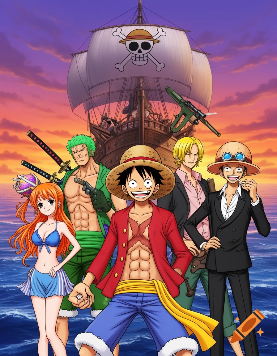 Anime illustration of Monkey D. Luffy and his Straw Hat pirate crew standing in front of their ship at sunset over the ocean.