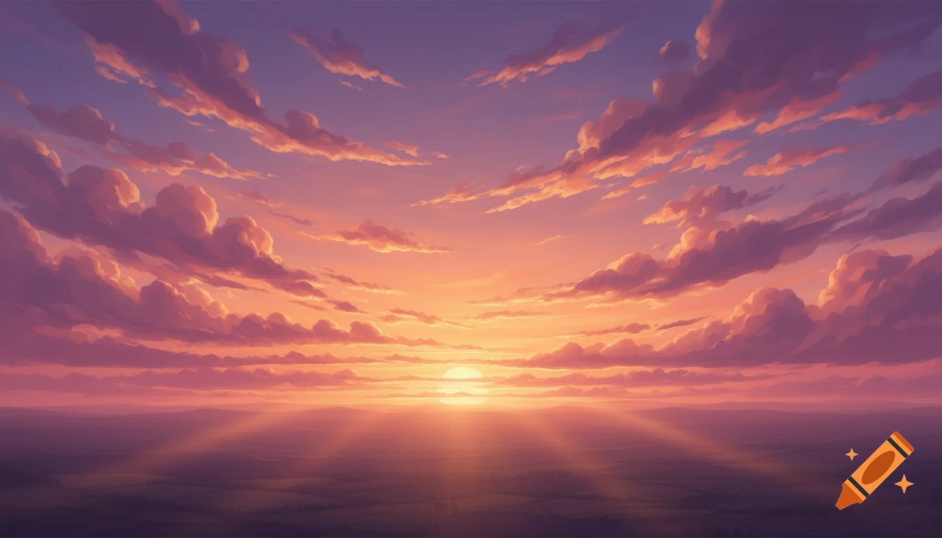 Vibrant digital painting of a sunset with pink and orange clouds, sunbeams radiating over a hazy landscape.