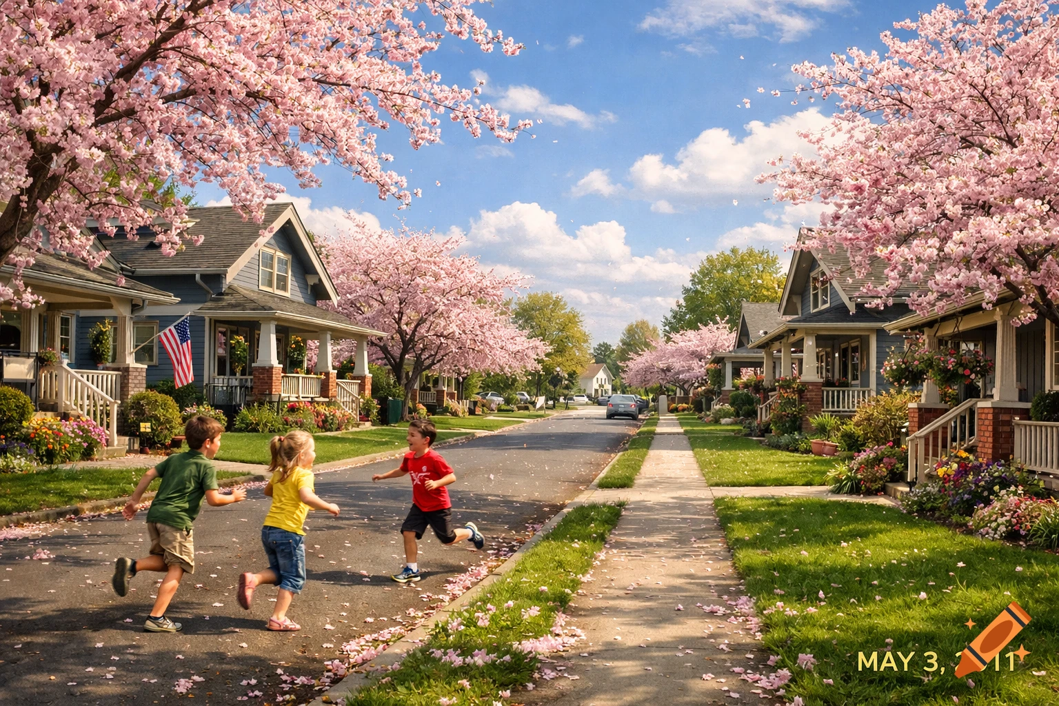 Three children run and play on a residential street adorned with blooming pink cherry blossom trees, under a bright blue sky.