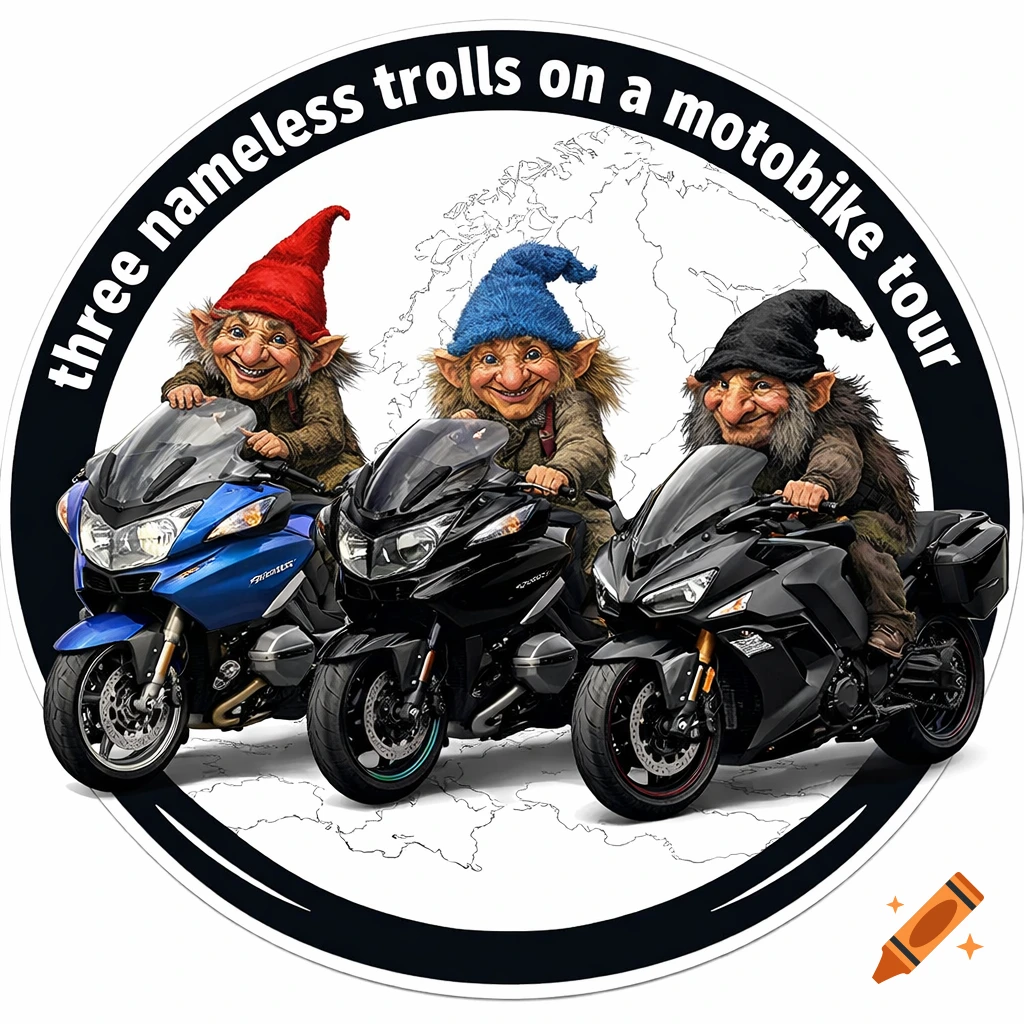 Three smiling trolls with pointed hats, red, blue, and black, ride three different motorbikes (blue BMW, black BMW, black Kawasaki) on a circular sticker with a map of Scandinavia in the background. The text reads 'three nameless trolls on a motobike tour'.