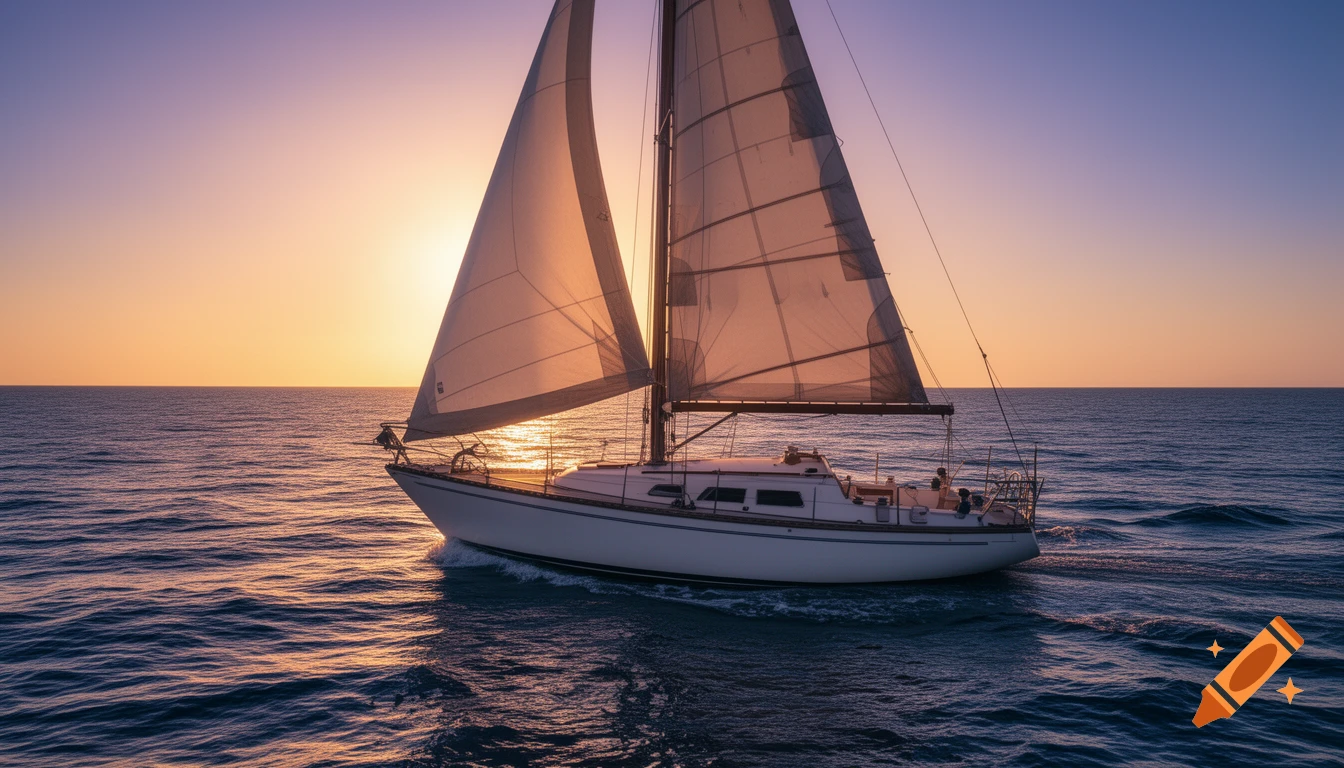 A white sailboat with full sails cruises across the ocean during a vibrant orange and purple sunset.