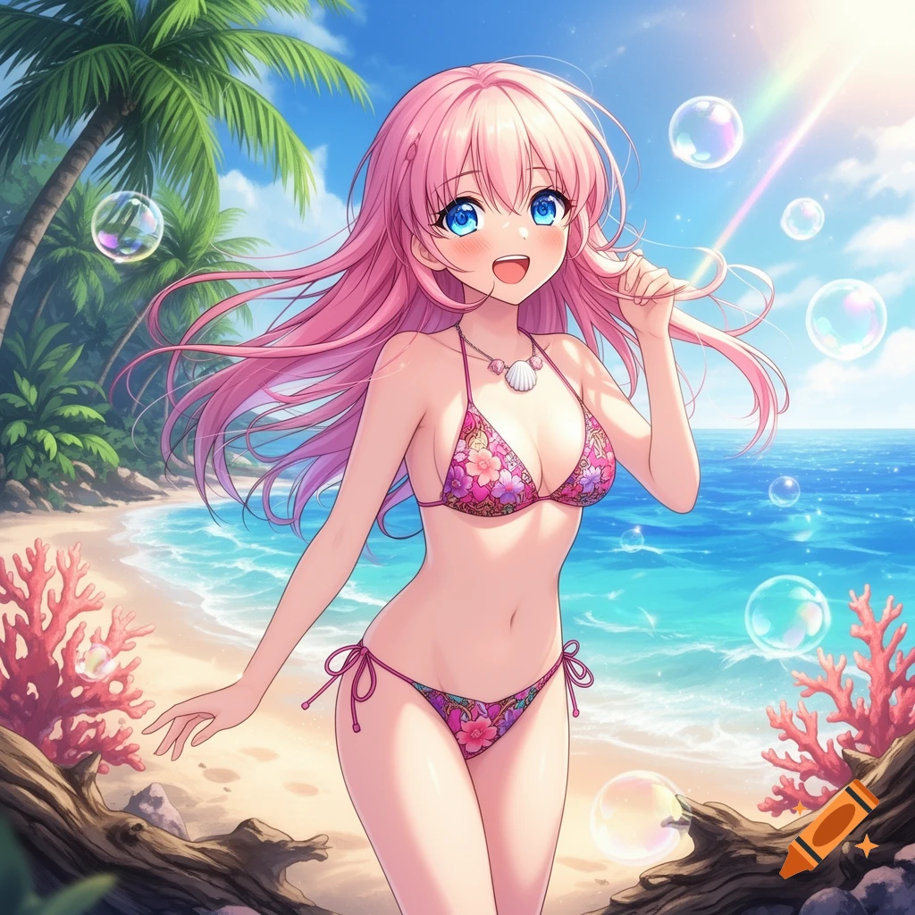An anime girl with pink hair and blue eyes smiles on a sunny tropical beach, wearing a floral bikini. Bubbles float around her over the blue ocean and sand.