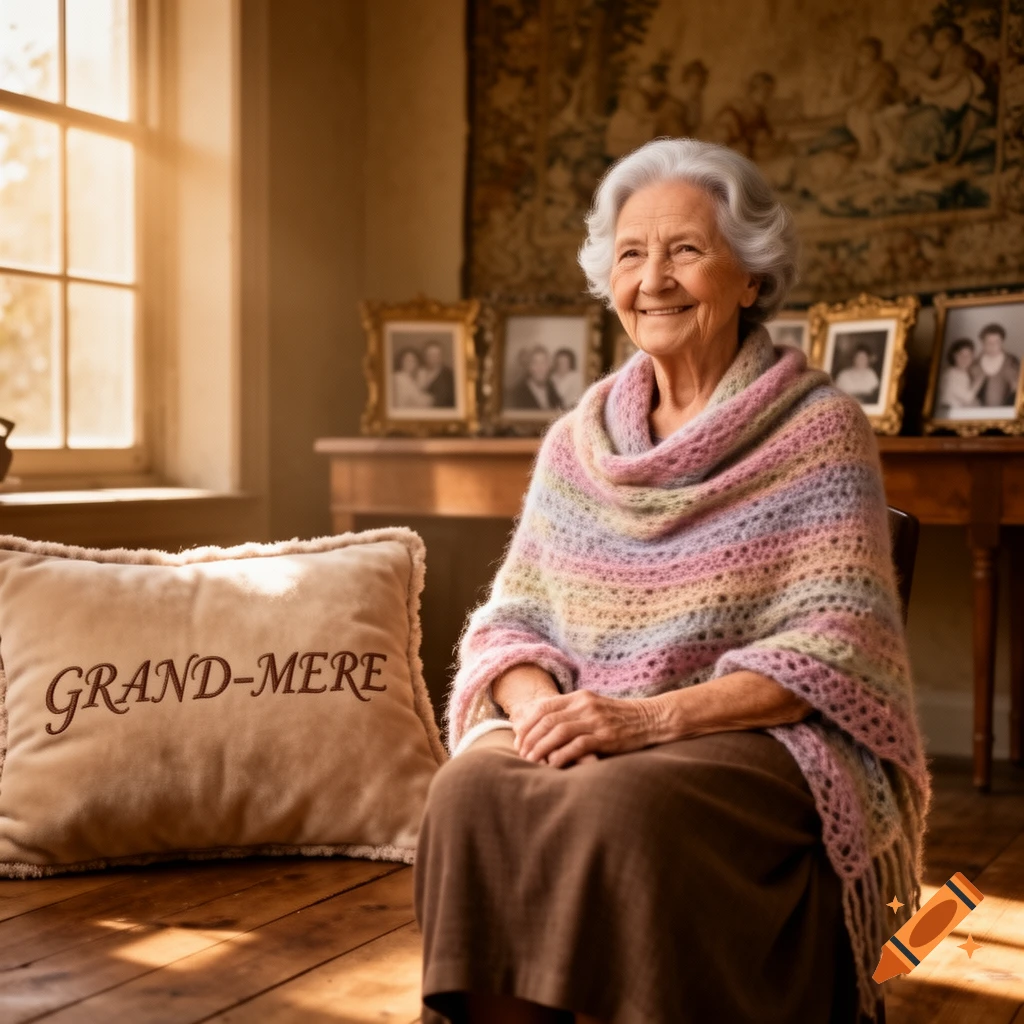 Smiling elderly woman with white hair and pastel shawl, seated next to a pillow with 'GRAND-MERE' in a warm, sunlit room.