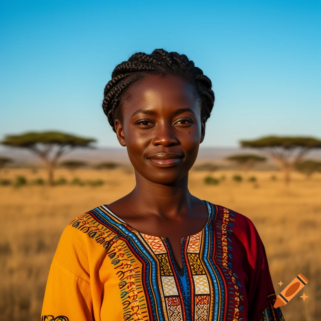 Smiling Black woman with braided hair wearing a vibrant traditional patterned dress in an African savanna at sunset.