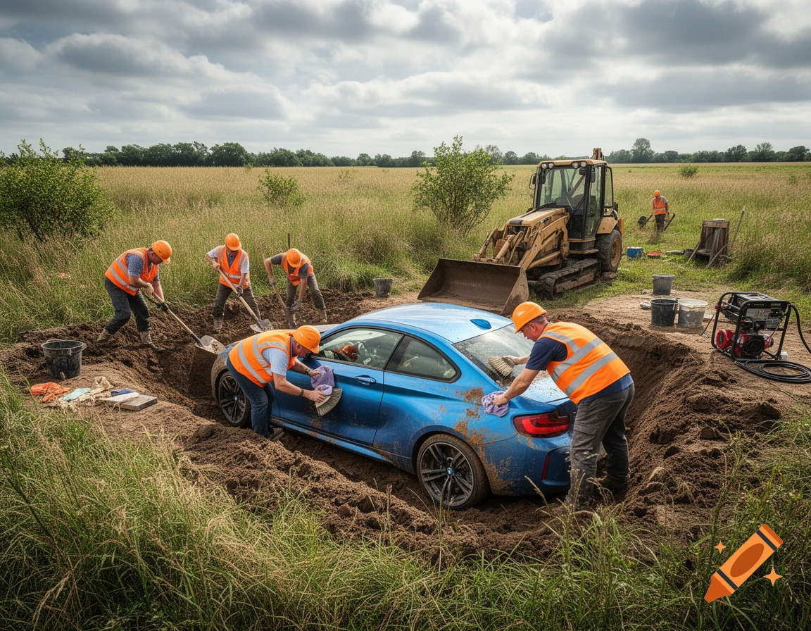 Construction workers excavating and cleaning a blue BMW M2 from a mud pit in a grassy field, with a bulldozer nearby.