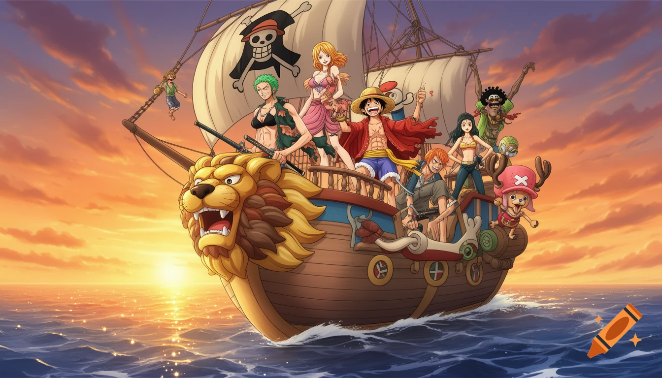 The Straw Hat Pirates crew on the Thousand Sunny pirate ship, with a lion figurehead, sailing at sunset in anime style.