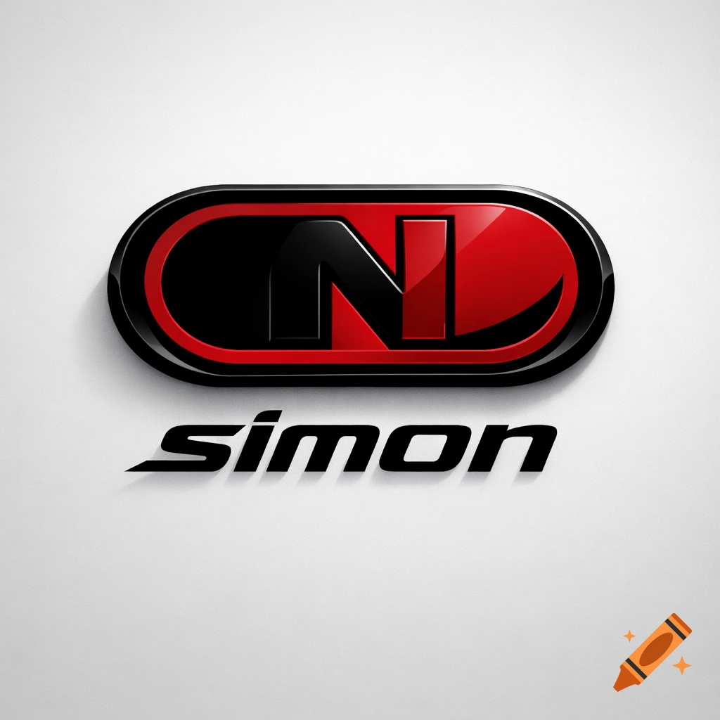 A shiny black and red oval logo with a stylized 'N' inside, and the word 'simon' in black text below it, all on a white background.