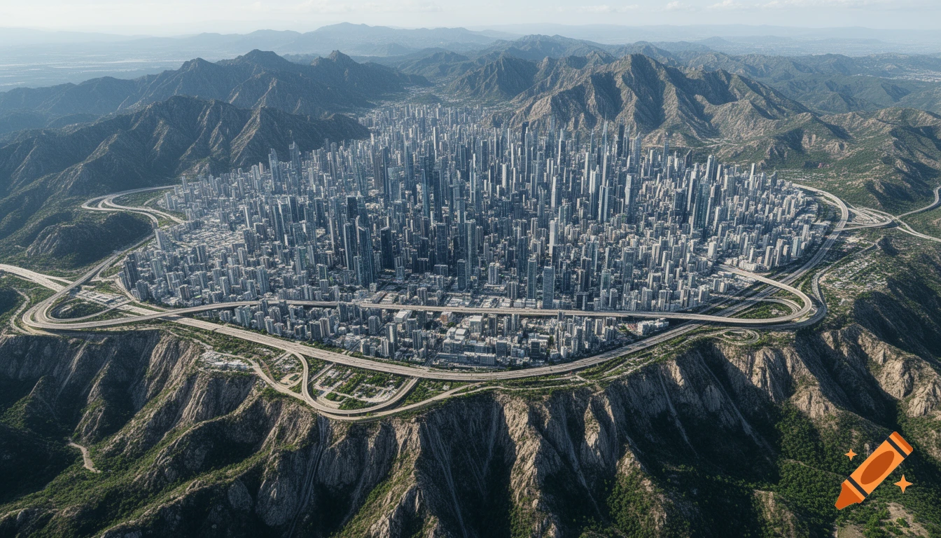 Aerial view of a massive, dense modern city with countless skyscrapers ...