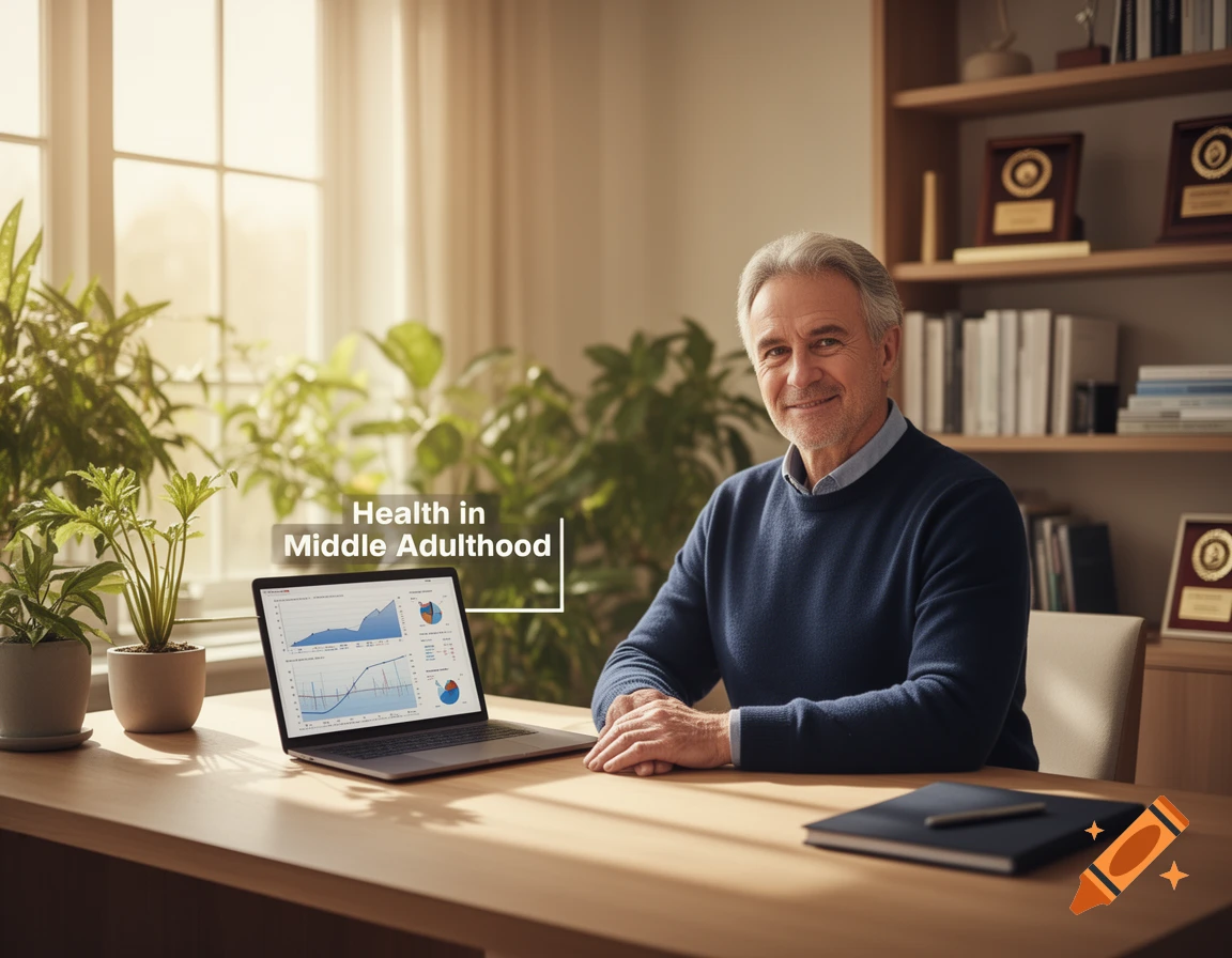 Smiling older man at a desk with a laptop displaying health data charts and "Health in Middle Adulthood" text.