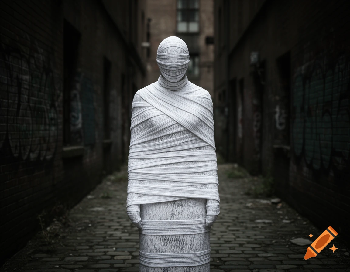 A figure wrapped in white cloth stands in a dark, gritty urban alley with brick walls.