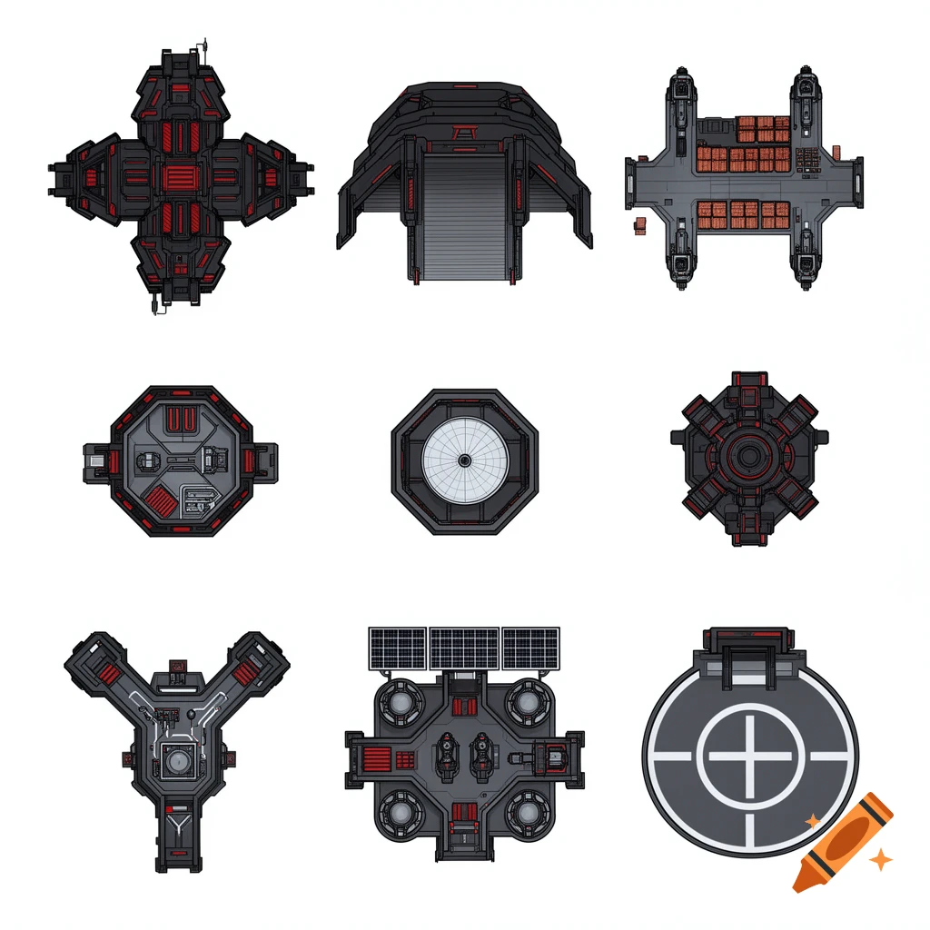 Nine top-down 2D vector art sci-fi base structures in dark grey and crimson red on a white background.