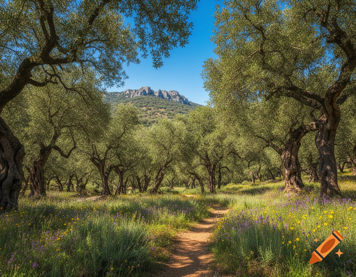 A winding dirt path through an olive grove with wildflowers, leading to rocky mountains under a clear blue sky.