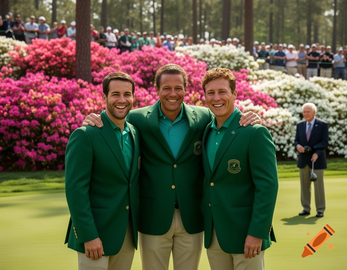 Three men in green Masters-style jackets stand smiling on a golf course with blooming azaleas and spectators in the background, a man with a golf club in the distance.
