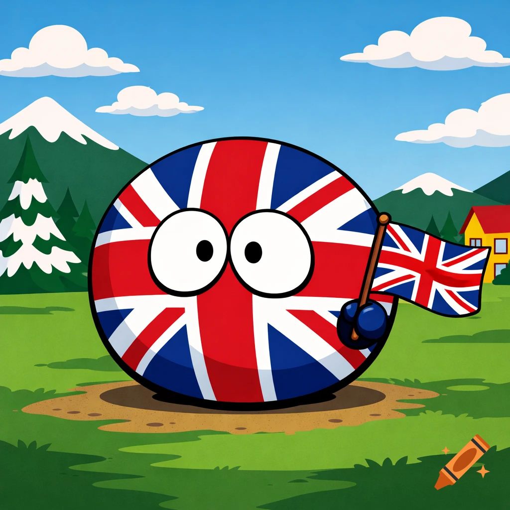 A cartoon United Kingdom countryball with large eyes holds a small Union Jack flag, set in a South Park-style landscape with mountains and a house.