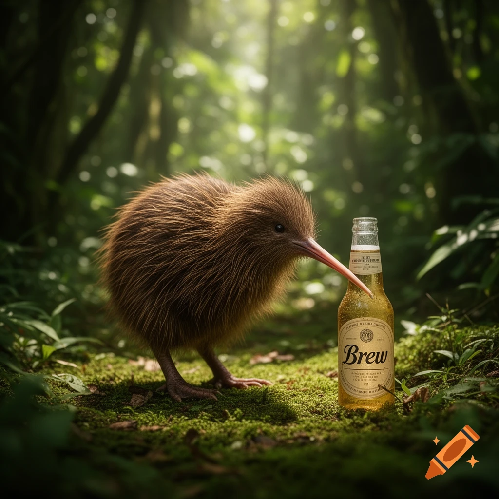 A photorealistic kiwi bird stands on moss next to a condensation-covered beer bottle in a lush, sun-dappled forest.