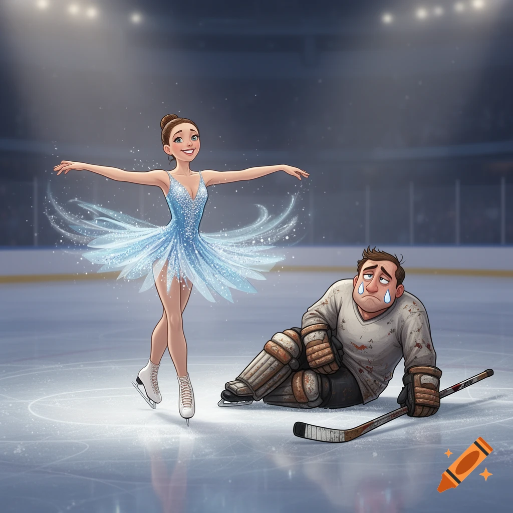 A cartoon of a smiling figure skater gracefully posing on ice next to a sad hockey goalie sitting on the rink.