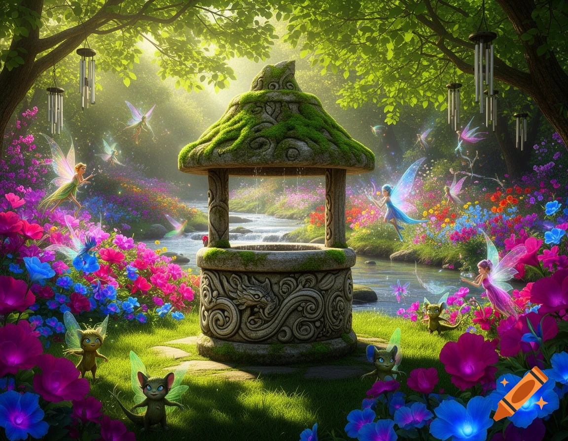 A vibrant fantasy scene with a moss-covered wishing well, surrounded by colorful flowers, flying fairies, and small creatures in an enchanted forest.