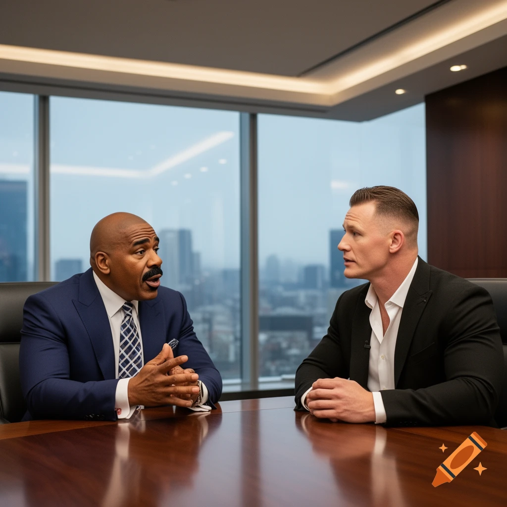 Steve Harvey and a man resembling John Cena sit at a conference table, talking in a modern office with city views.