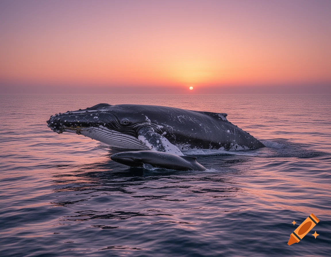 A humpback whale and its calf surface in the calm ocean under a vibrant orange and pink sunset, photorealistic.