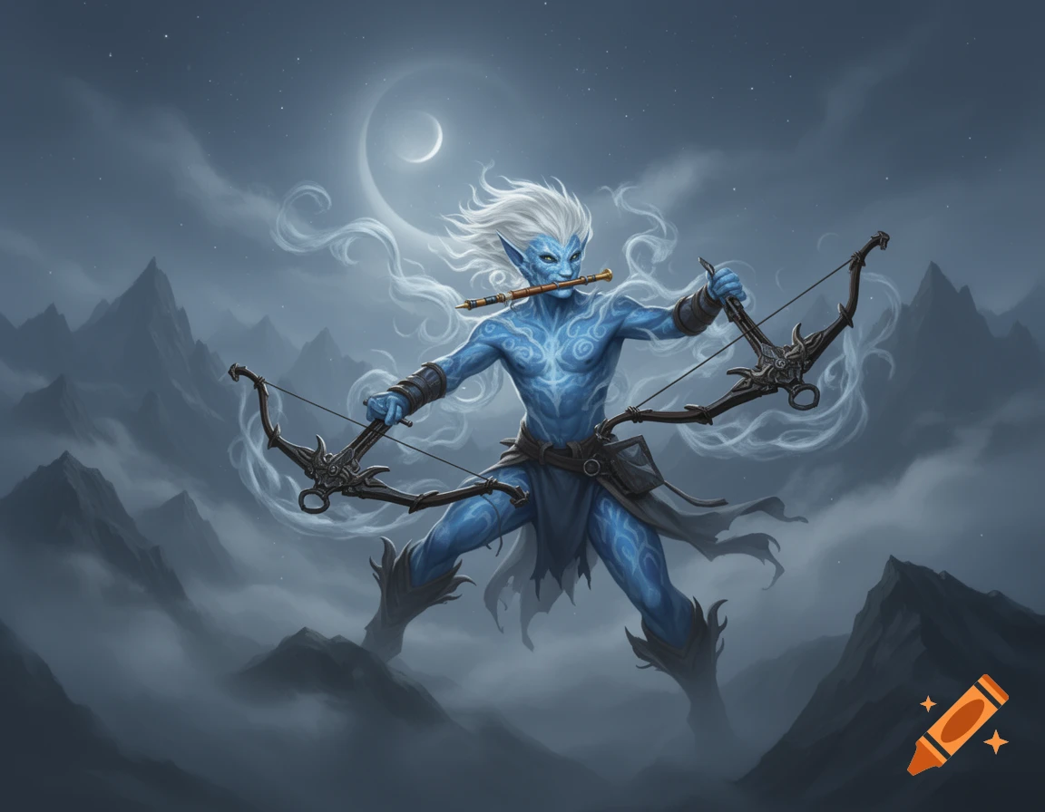 An Air Genasi rogue with blue skin and white wispy hair dual wields two bows and has a blowgun in its mouth, standing amidst misty mountains under a crescent moon.