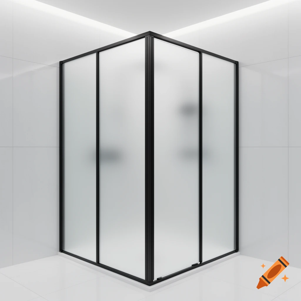 A modern square corner shower stall with frosted glass panes and a black frame, in a white tiled bathroom.