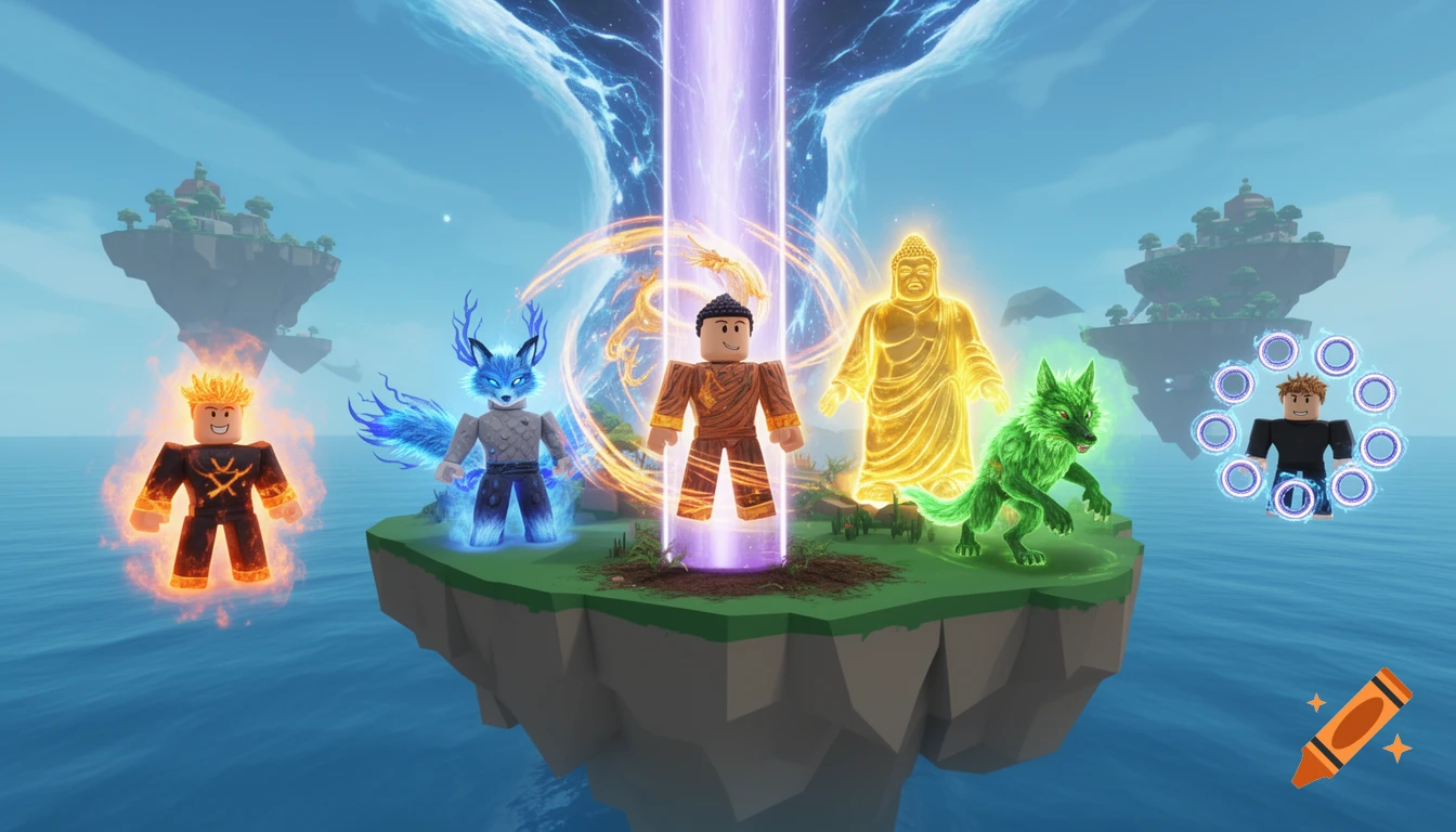 Roblox avatars on a floating island: one in a purple beam, others with fire, fox, Buddha, wolf, and ring auras, against a bright sky.