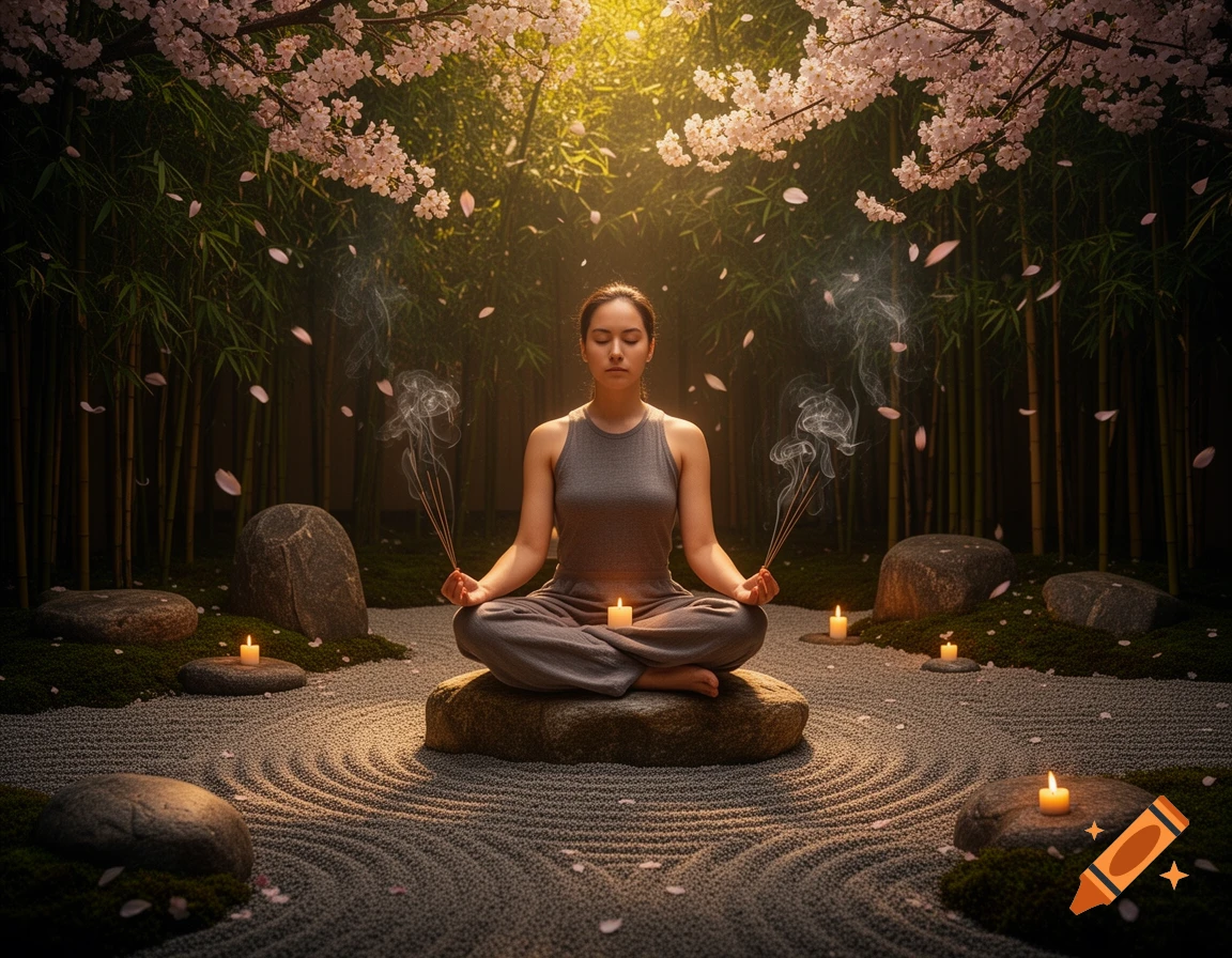 A person meditating in a zen garden with raked sand, rocks, candles, bamboo, and cherry blossoms, holding smoking incense sticks.