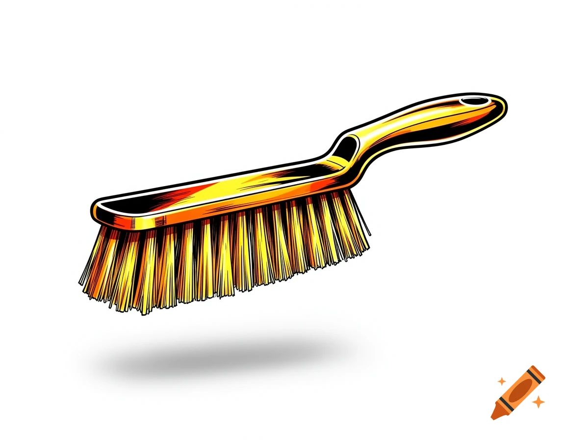 A comic book style illustration of a golden hard-bristled brush casting a shadow on a white background.