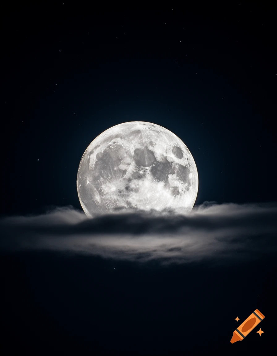 A detailed full moon shines brightly above dark clouds in a deep blue, starry night sky.